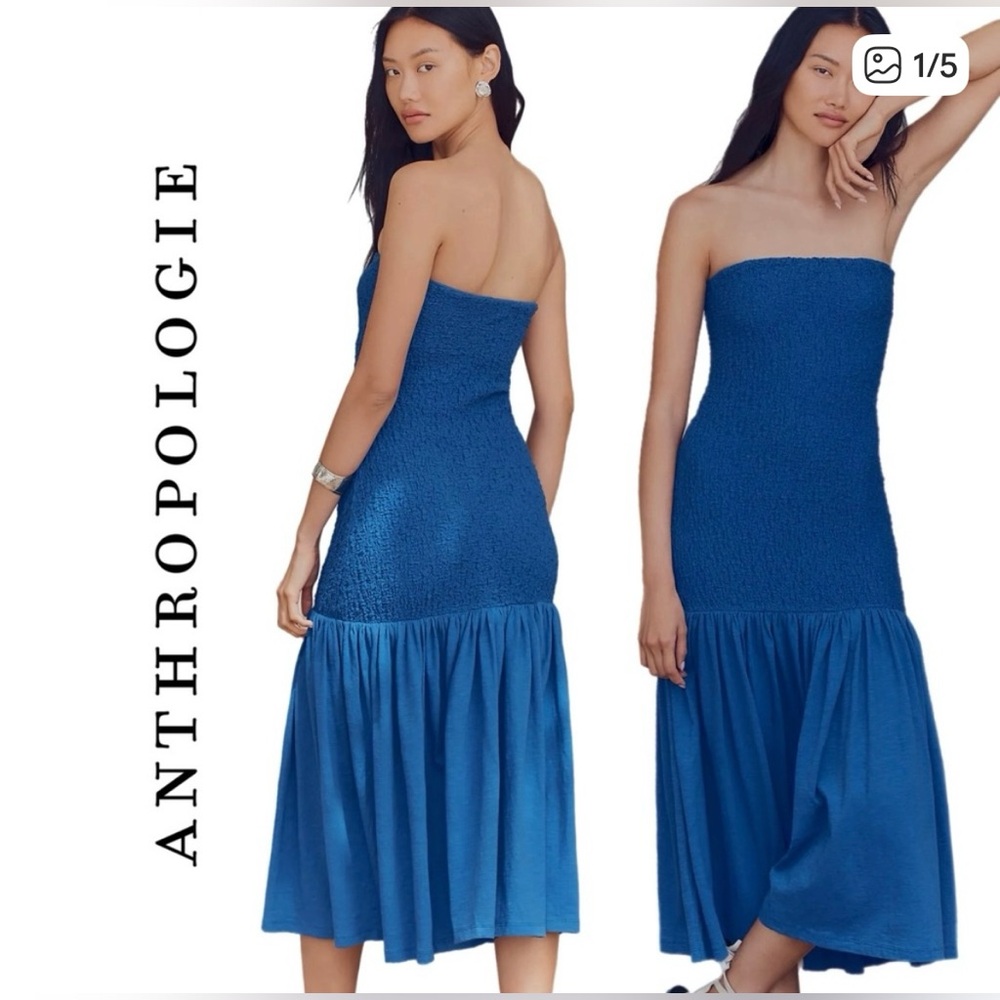 ANTHROPOLOGIE CELANDINE VIBRANT BLUE STRAPLESS POPCORN MIDI DRESS M NWT